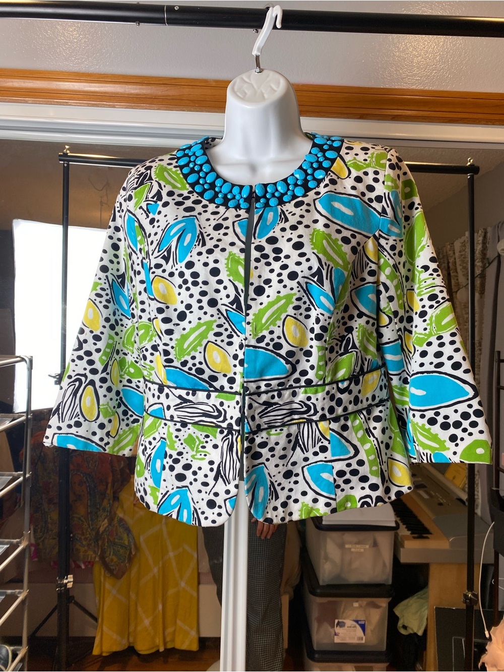 SilkLand Multicolor Printed Peplum Jacket in Turquoise, Lime & Yellow
